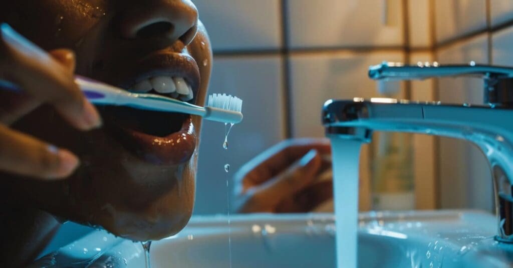 person brushing teeth over sink with faucet running water