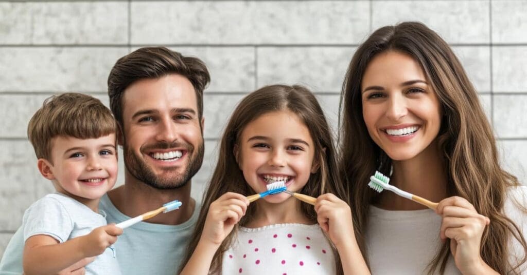 mom, dad, son, and daughter brushing teeth