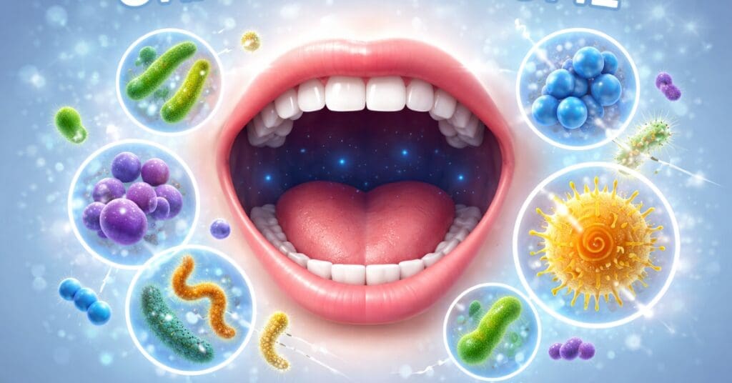 oral microbiome words with open moutth and bacteria images