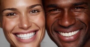 African American male, caucasion female with bright white teeth, concept of dental health tips