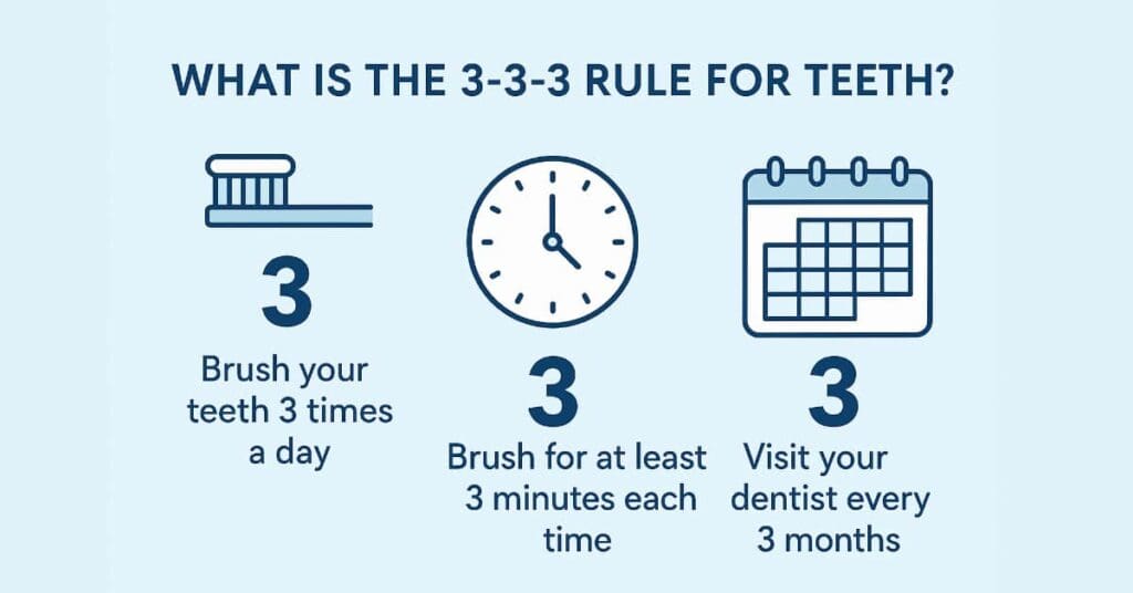 text, what is the 3-3-3 rule for teeth? brush 3 times a day, brush for 3 minutes, visit dentist every 3 months
