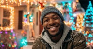 man with big smile and holiday decorations, representing to get a holiday dental checkup and cleaning