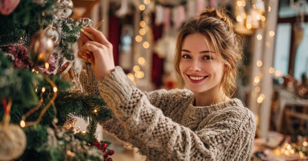 girl smiling hanging bulbs on Christmas tree, concept of holiday dental care and cleanings
