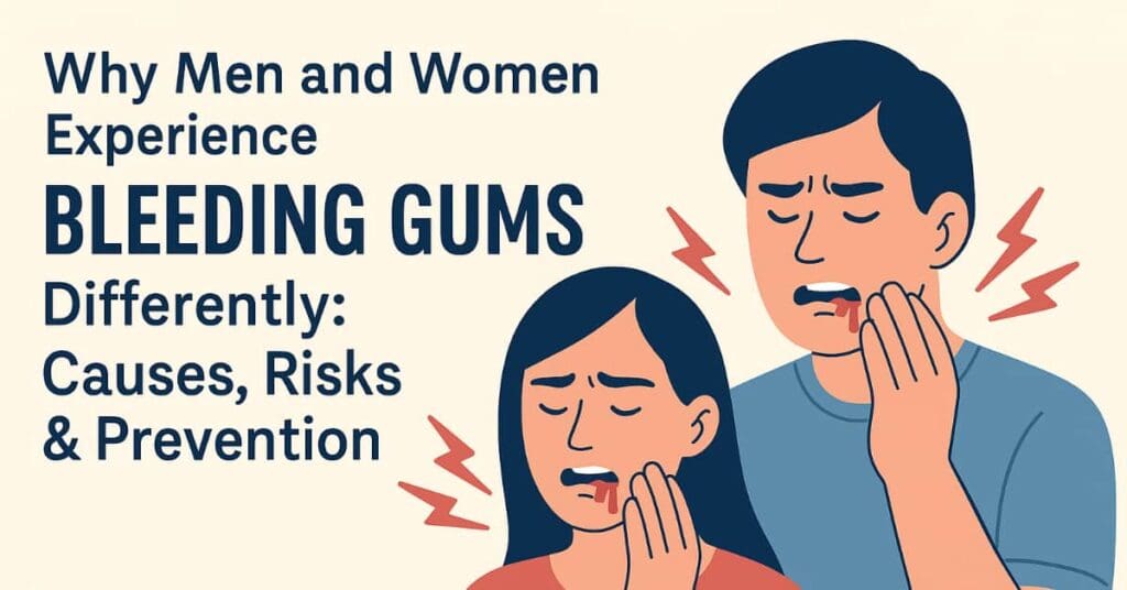 words, why mean and women experience bleeding gums differently: causes, risks & prevention, cartoon of man and woman holding bleeding mouth