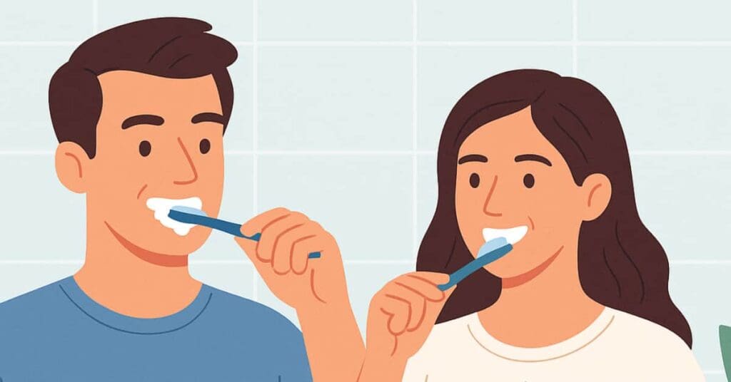 cartoon of man and woman brushing teeth