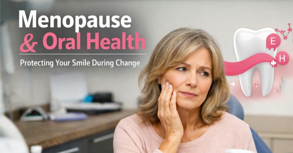woman with hands on cheek, words menopause & oral Health, protecting your smile during change