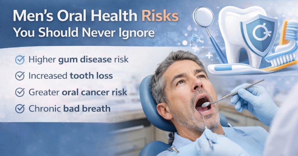 man in dental chair, mouth open with infographic showing men's oral health risks you should never ignore
