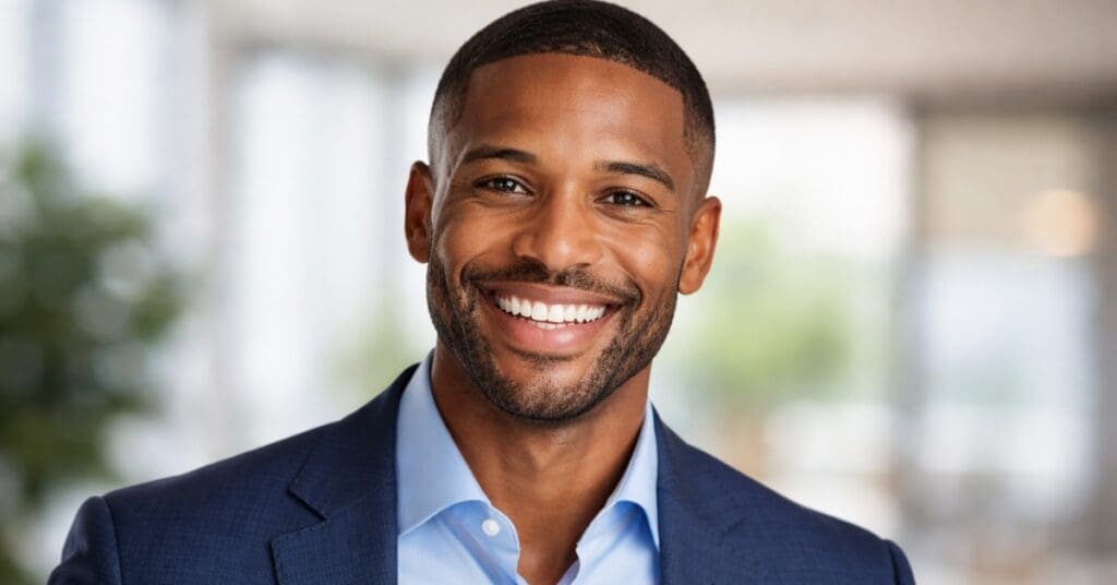 black man smiling, representing mens dental care in west orange nj