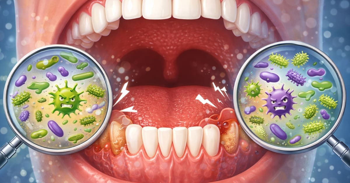 Oral Microbiome Cavities & Gum Disease, open mouth, teeth, bacteria