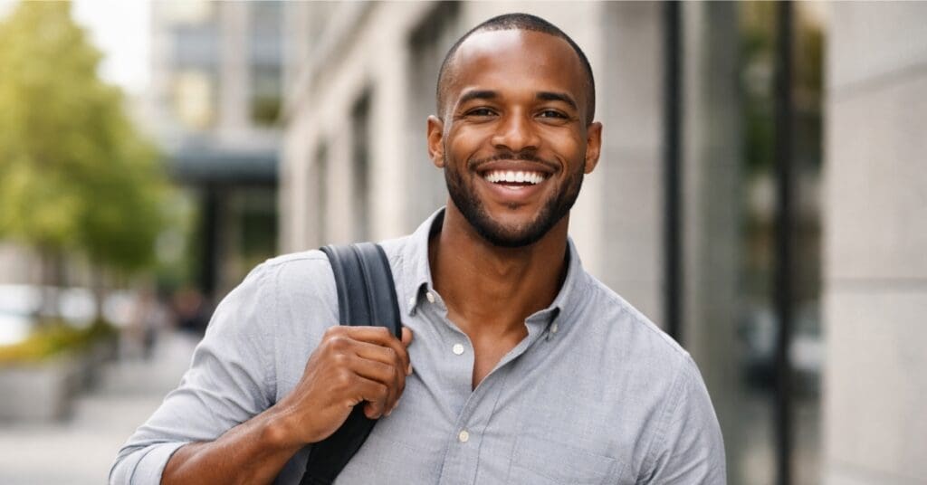 black man smiling with confidence as part of the why men skip the dentist article