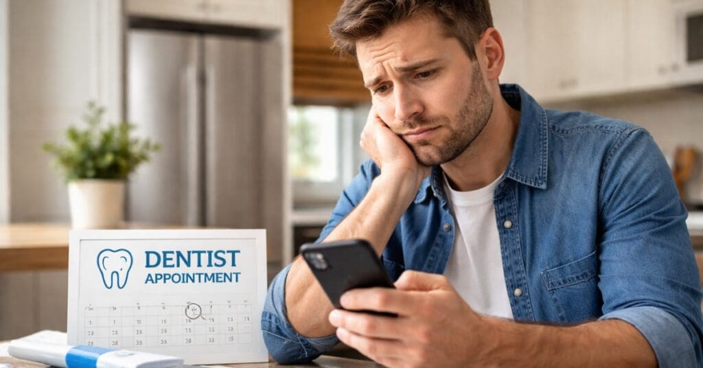 man looking at cell phone, dentist appointment calendar on table, concept of why men skip the dentist