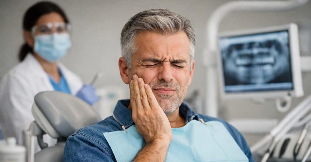 man holding cheek in pain, representing top Dental Problems Men Ignore