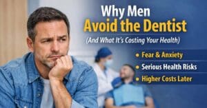 man in dental office, infographic to why men avoid the dentist