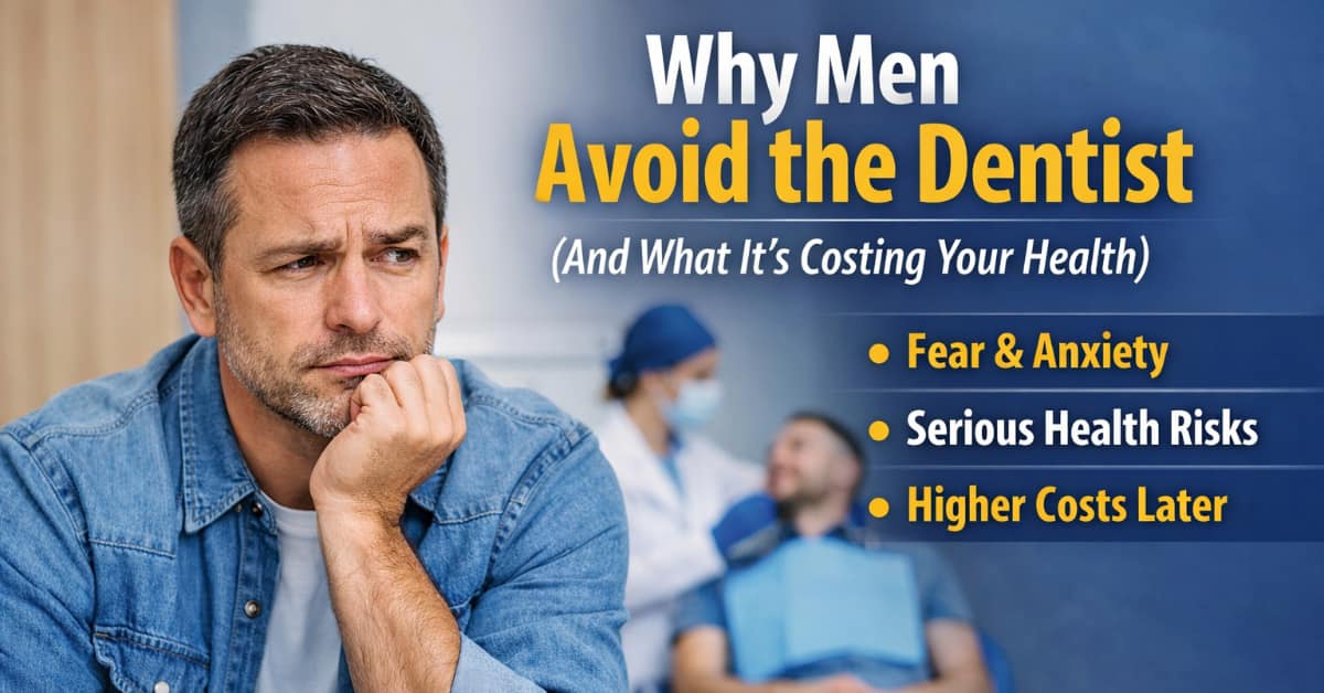 man in dental office, infographic to why men avoid the dentist